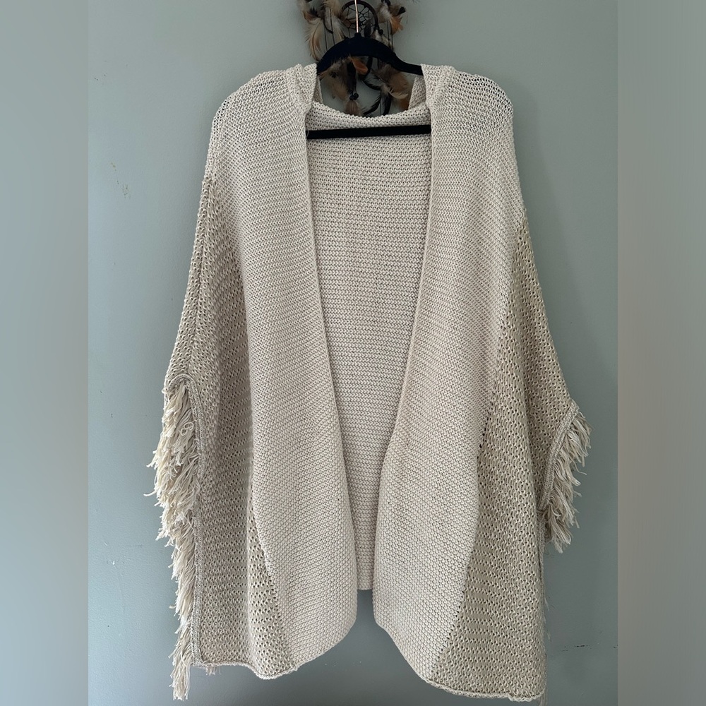 Raffe Accessories Hooded Crochet Knit Cardigan Poncho Beige Cream One Size Boho